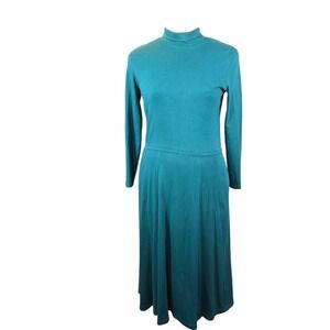 Lands End Womens Petite‎ M Teal Green Cotton Mock Neck Fit and Flare Midi Dress